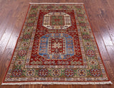 Red Super Kazak Hand Knotted Wool Rug - 3' 9" X 5' 6" - Golden Nile