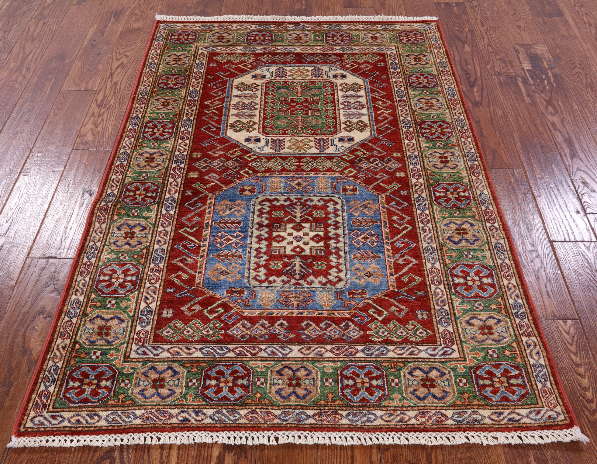 Red Super Kazak Hand Knotted Wool Rug - 3' 9" X 5' 6" - Golden Nile