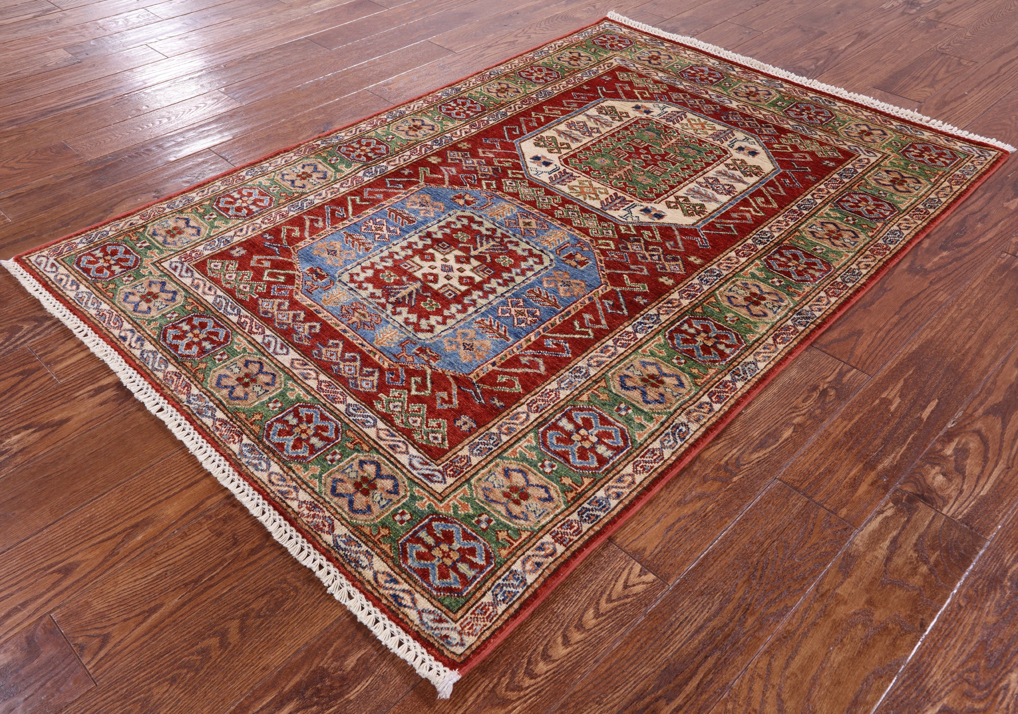 Red Super Kazak Hand Knotted Wool Rug - 3' 9" X 5' 6" - Golden Nile