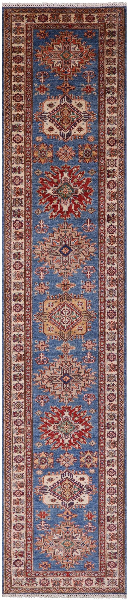 Blue Super Kazak Hand Knotted Wool Runner Rug - 2' 9" X 13' 2" - Golden Nile