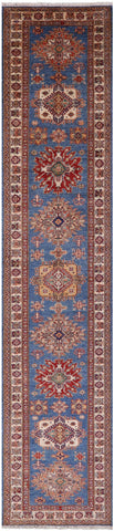 Blue Super Kazak Hand Knotted Wool Runner Rug - 2' 9