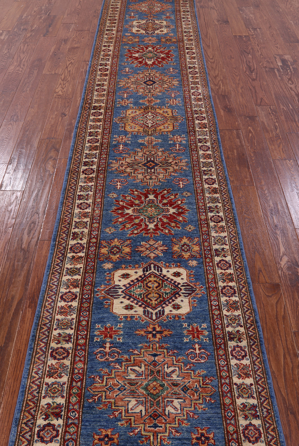 Blue Super Kazak Hand Knotted Wool Runner Rug - 2' 9" X 13' 2" - Golden Nile