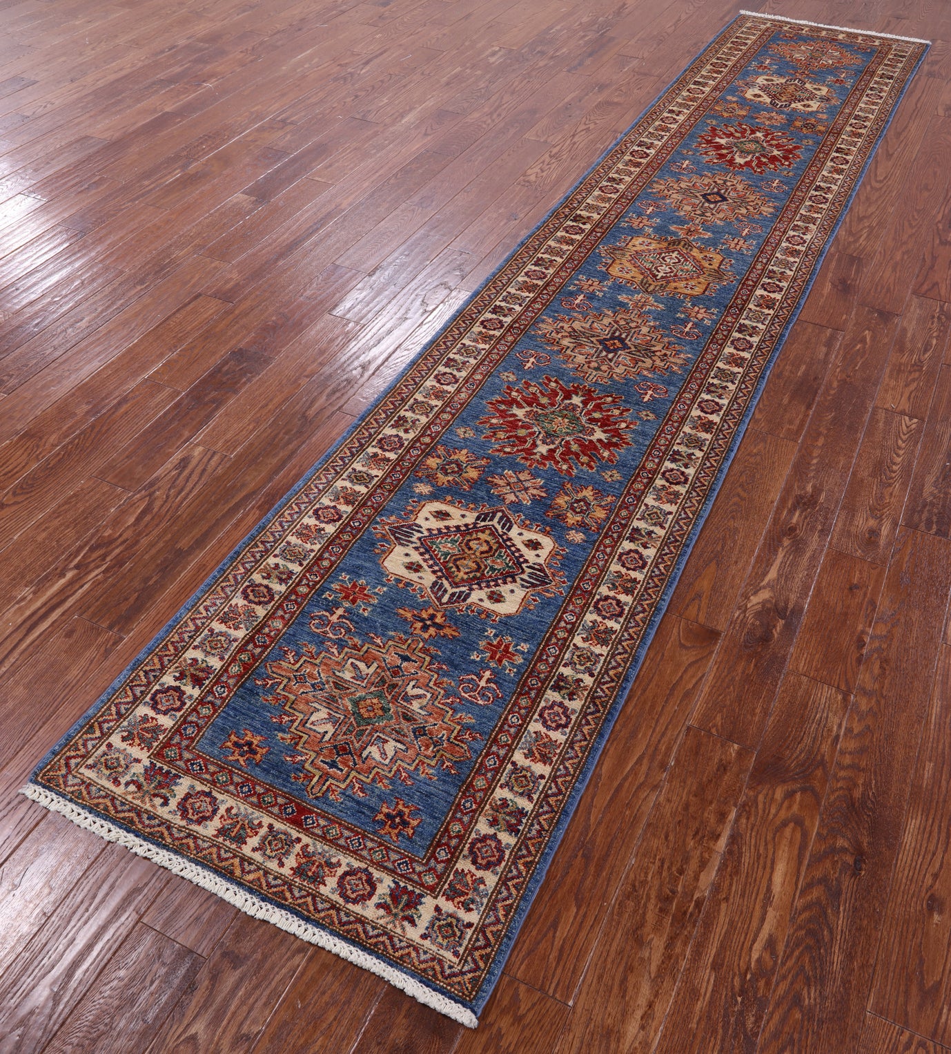 Blue Super Kazak Hand Knotted Wool Runner Rug - 2' 9" X 13' 2" - Golden Nile