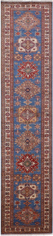 Blue Super Kazak Hand Knotted Wool Runner Rug - 2' 10