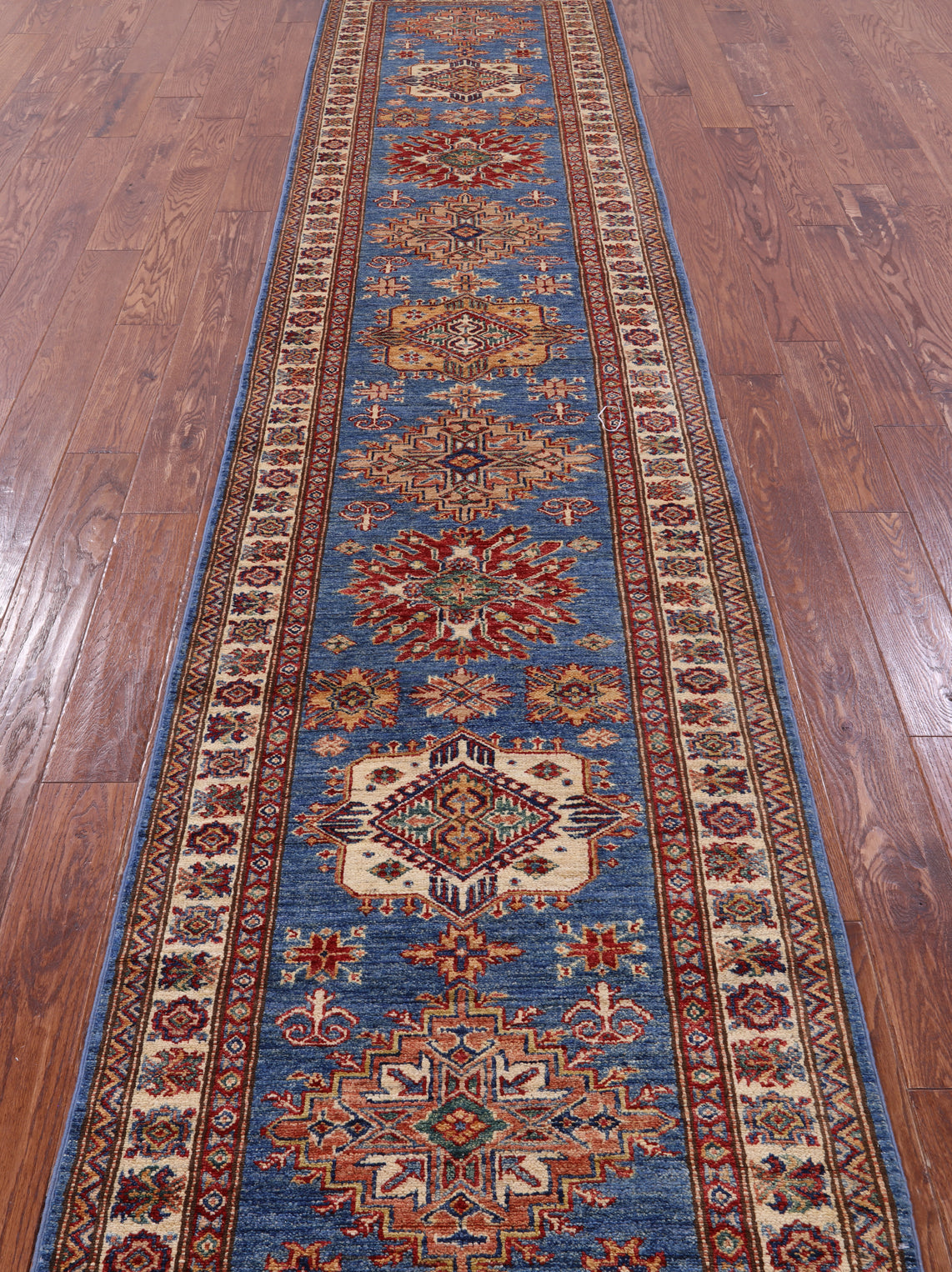 Blue Super Kazak Hand Knotted Wool Runner Rug - 2' 10" X 13' 2" - Golden Nile