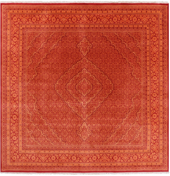 Orange Square Bijar Hand Knotted Wool & Silk Rug - 8' 0" X 8' 1" - Golden Nile