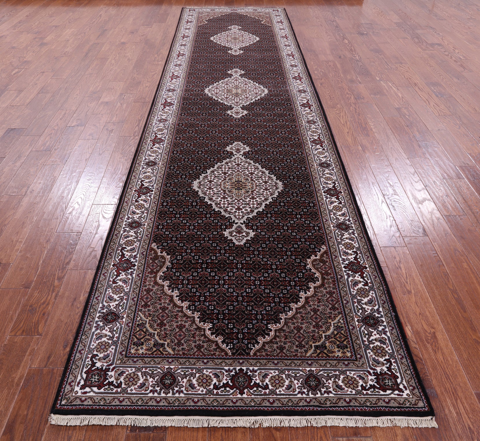 Black Bijar Hand Knotted Wool & Silk Runner Rug - 4' 1" X 16' 1" - Golden Nile
