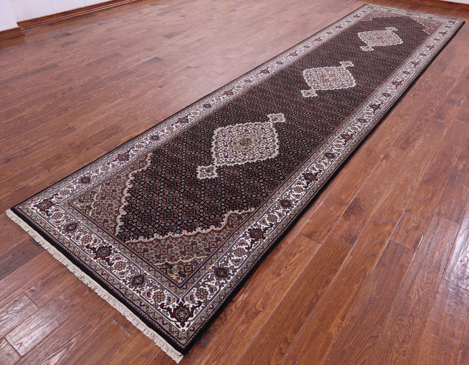 Black Bijar Hand Knotted Wool & Silk Runner Rug - 4' 1" X 16' 1" - Golden Nile