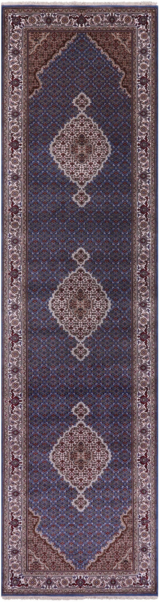 Blue Bijar Hand Knotted Wool & Silk Runner Rug - 4' 1" X 15' 11" - Golden Nile