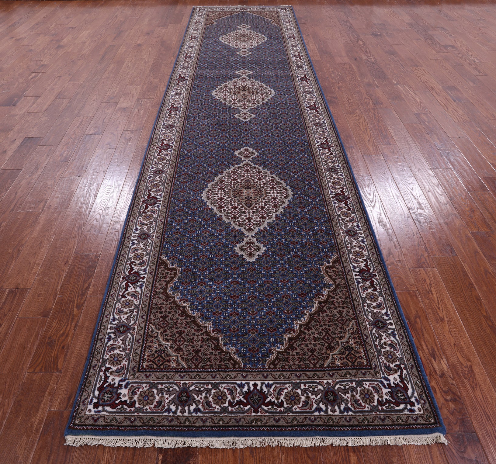 Blue Bijar Hand Knotted Wool & Silk Runner Rug - 4' 1" X 15' 11" - Golden Nile