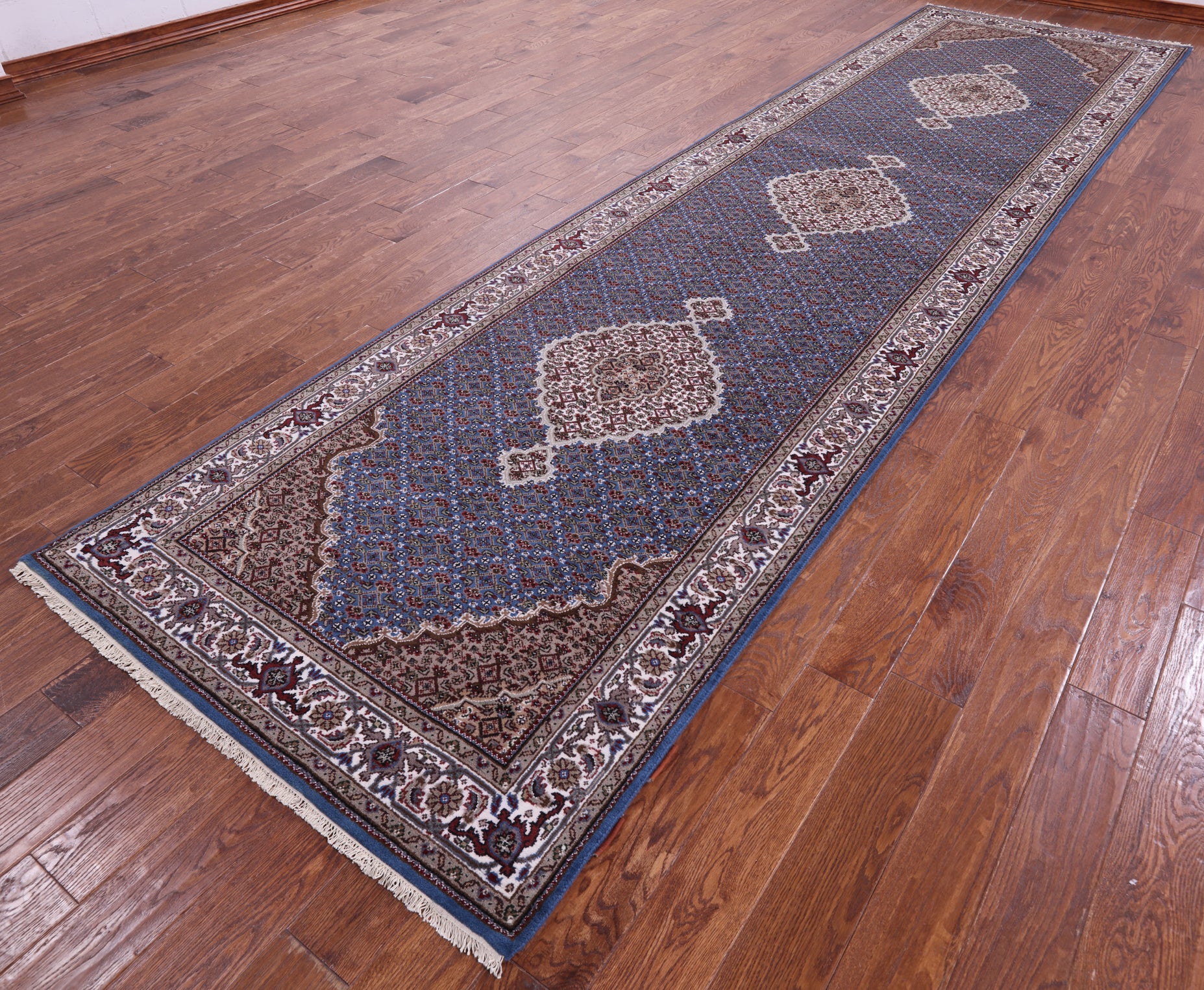 Blue Bijar Hand Knotted Wool & Silk Runner Rug - 4' 1" X 15' 11" - Golden Nile