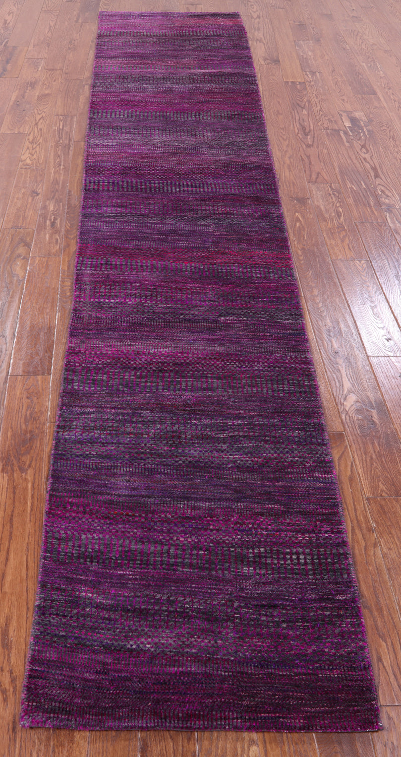 Purple Savannah Grass Hand Knotted Wool & Silk Runner Rug - 2' 8" X 13' 5" - Golden Nile