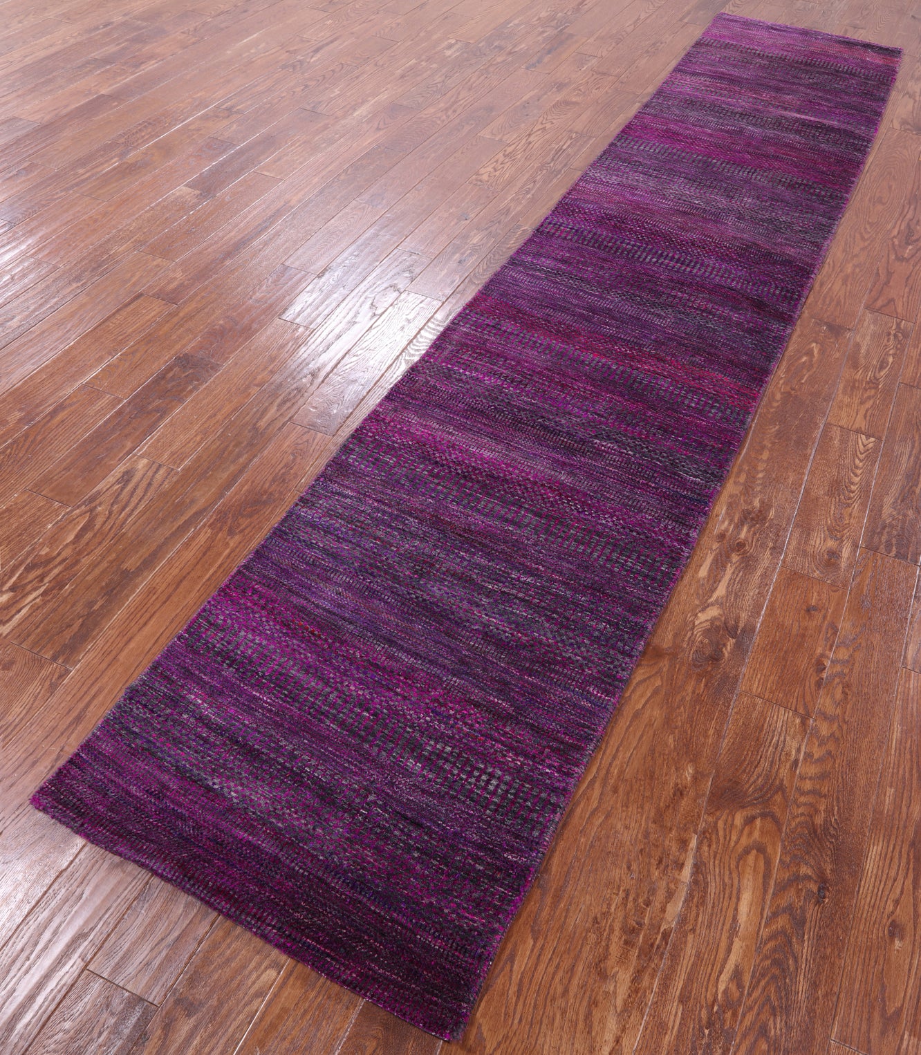 Purple Savannah Grass Hand Knotted Wool & Silk Runner Rug - 2' 8" X 13' 5" - Golden Nile