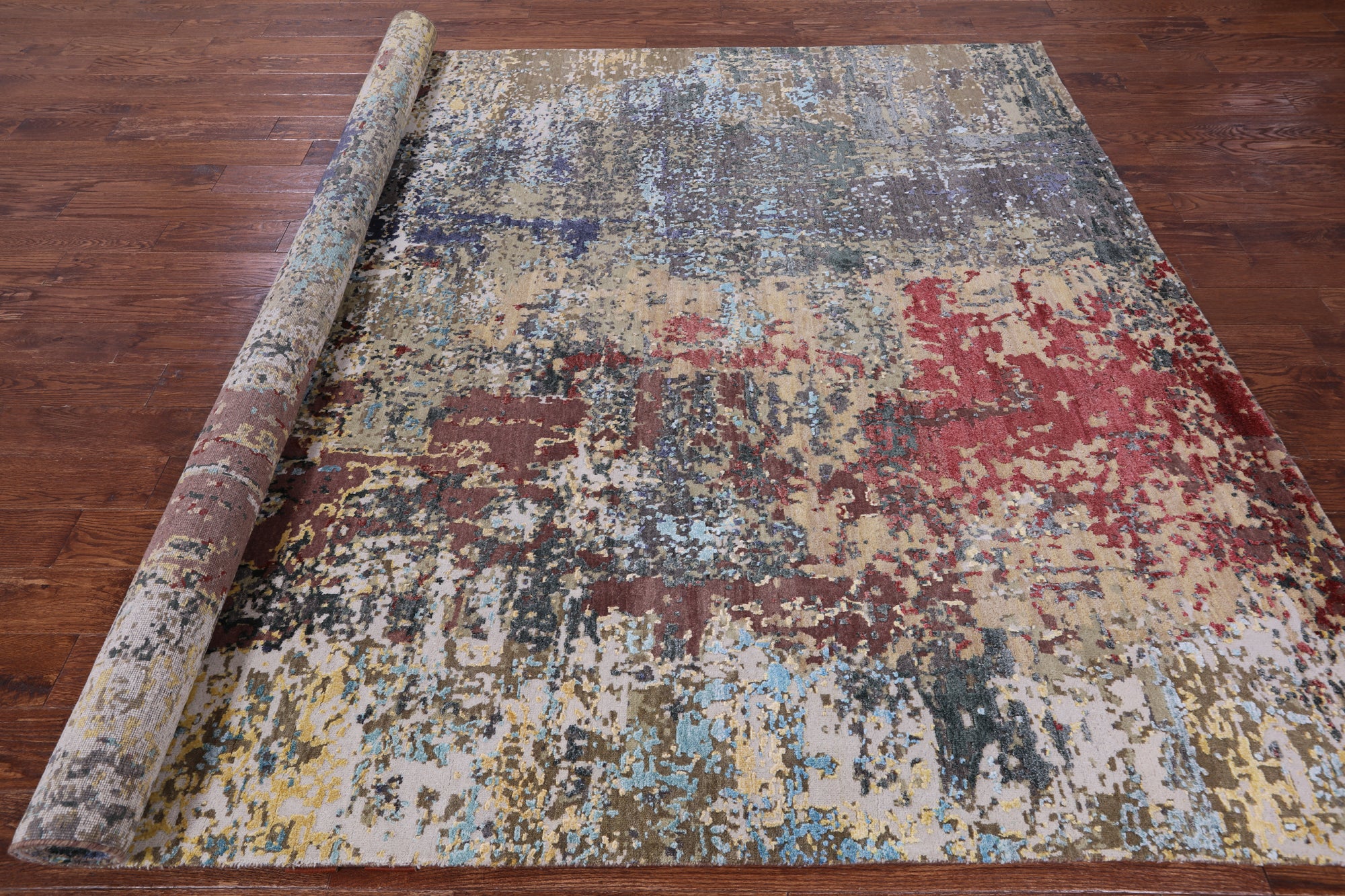 Abstract Modern Hand Knotted Wool & Silk Rug - 7' 11" X 10' 0" - Golden Nile