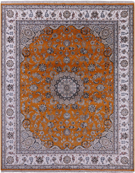 Orange Persian Nain Hand Knotted Wool & Silk Rug - 8' 1" X 10' 0" - Golden Nile