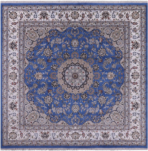 Blue Square Persian Nain Hand Knotted Wool & Silk Rug - 9' 7" X 9' 9" - Golden Nile