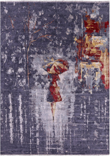 Woman Under The Rain Contemporary Hand Knotted Wool & Silk Rug - 9' 11" X 13' 10" - Golden Nile