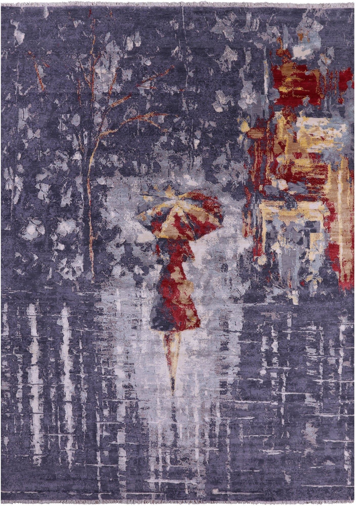 Woman Under The Rain Contemporary Hand Knotted Wool & Silk Rug - 9' 11" X 13' 10" - Golden Nile