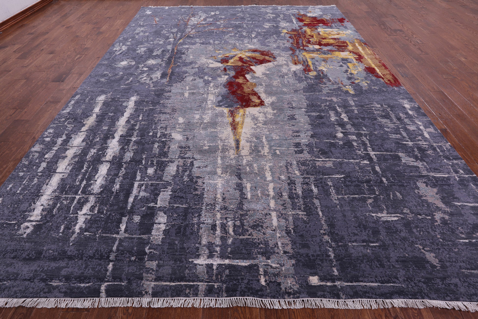 Woman Under The Rain Contemporary Hand Knotted Wool & Silk Rug - 9' 11" X 13' 10" - Golden Nile