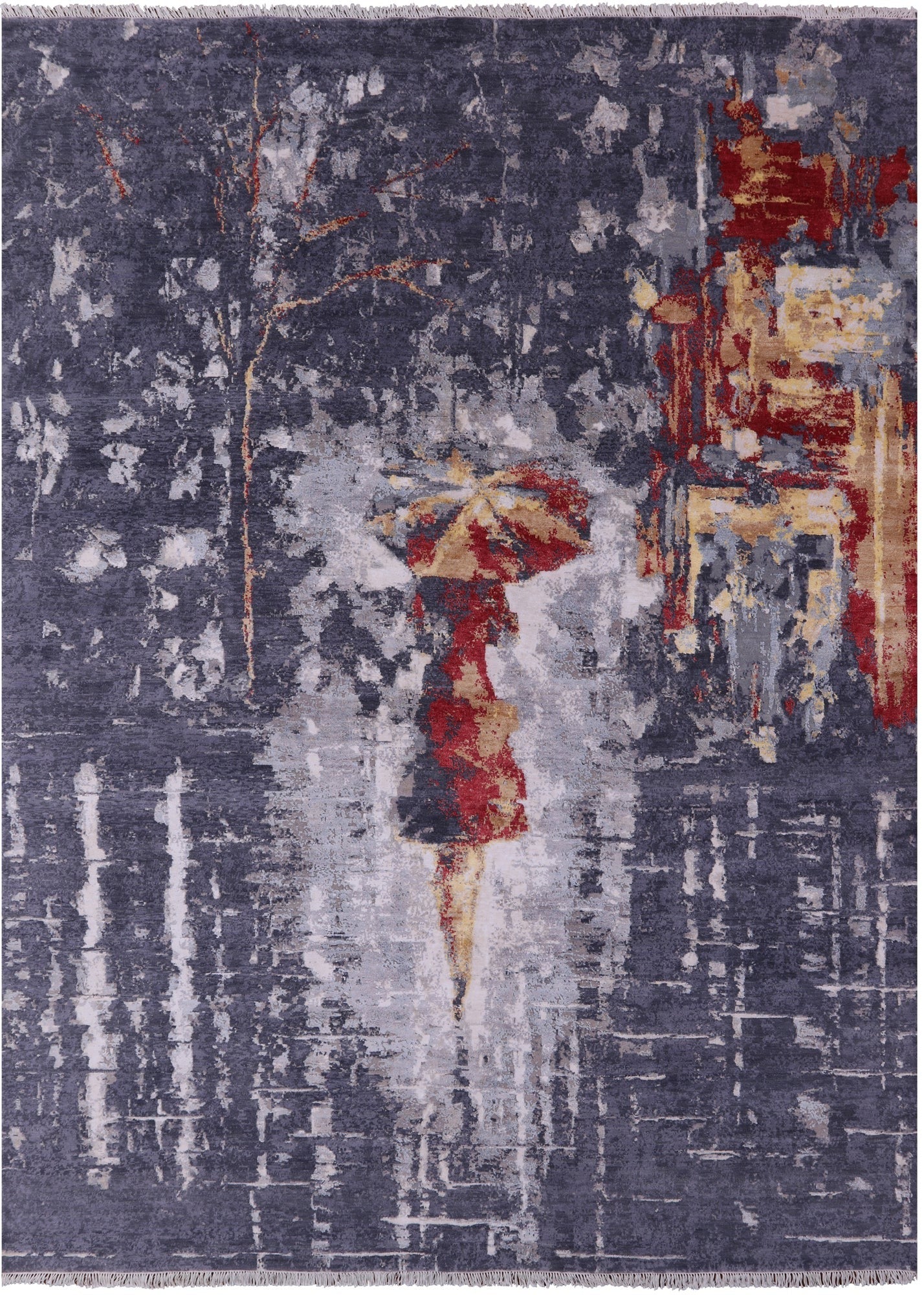 Woman Under The Rain Contemporary Hand Knotted Wool & Silk Rug - 8' 11" X 12' 1" - Golden Nile