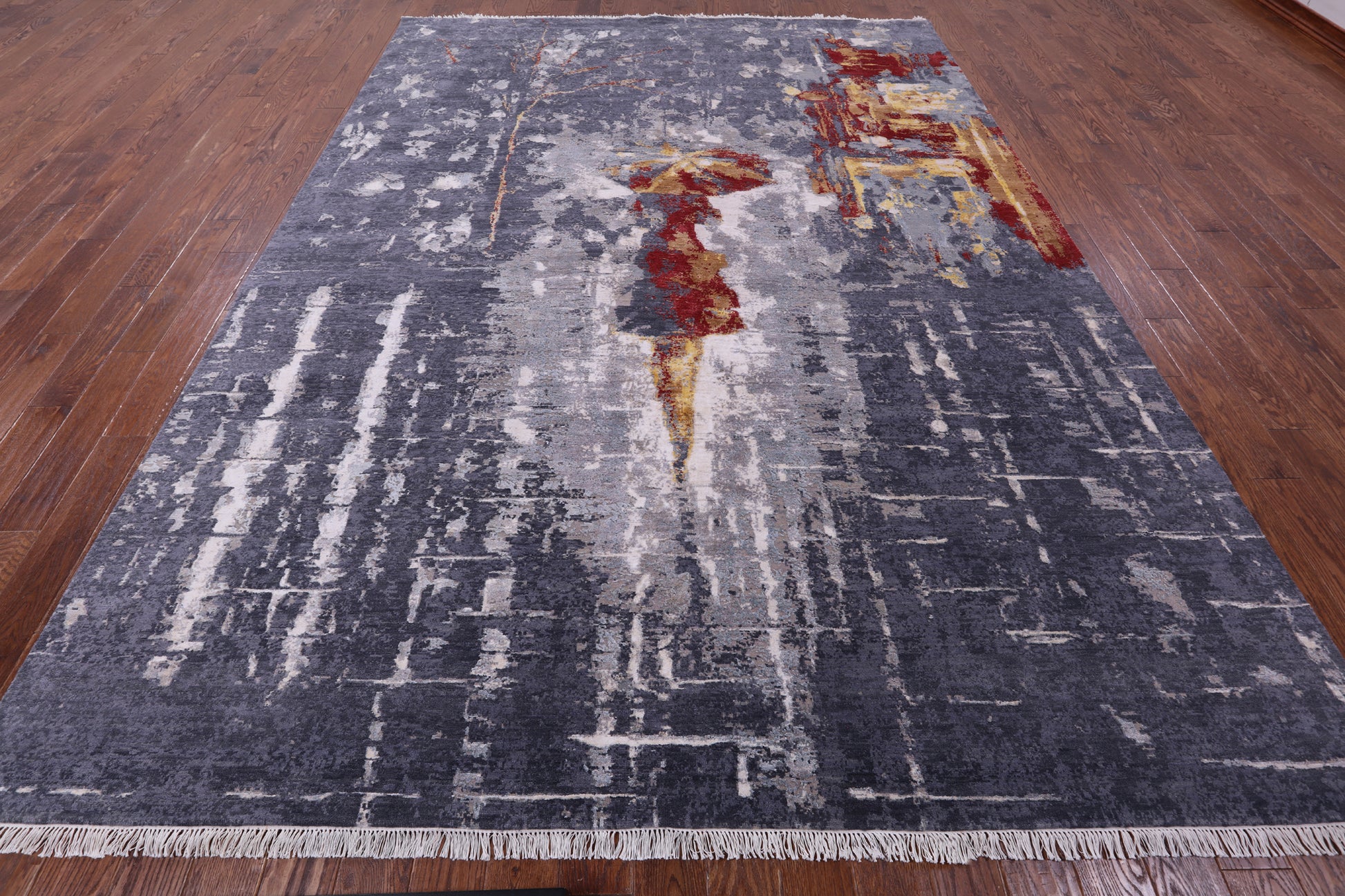 Woman Under The Rain Contemporary Hand Knotted Wool & Silk Rug - 8' 11" X 12' 1" - Golden Nile