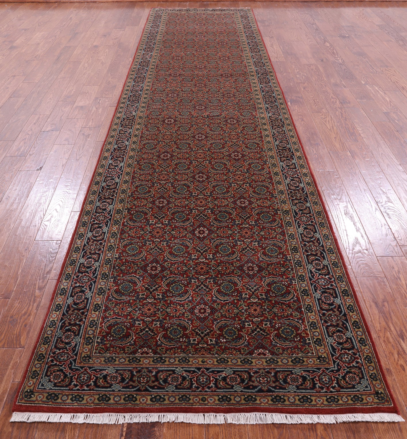 Red Persian Hill Herati Hand Knotted Wool Runner Rug - 3' 11" X 16' 2" - Golden Nile