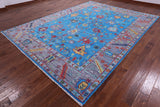 Blue Turkish Oushak Hand Knotted Wool Rug - 9' 1" X 12' 1" - Golden Nile