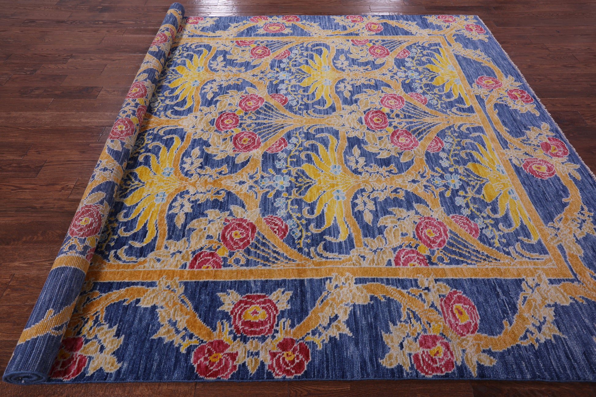 Blue William Morris Hand Knotted Wool Rug - 8' 7" X 10' 0" - Golden Nile