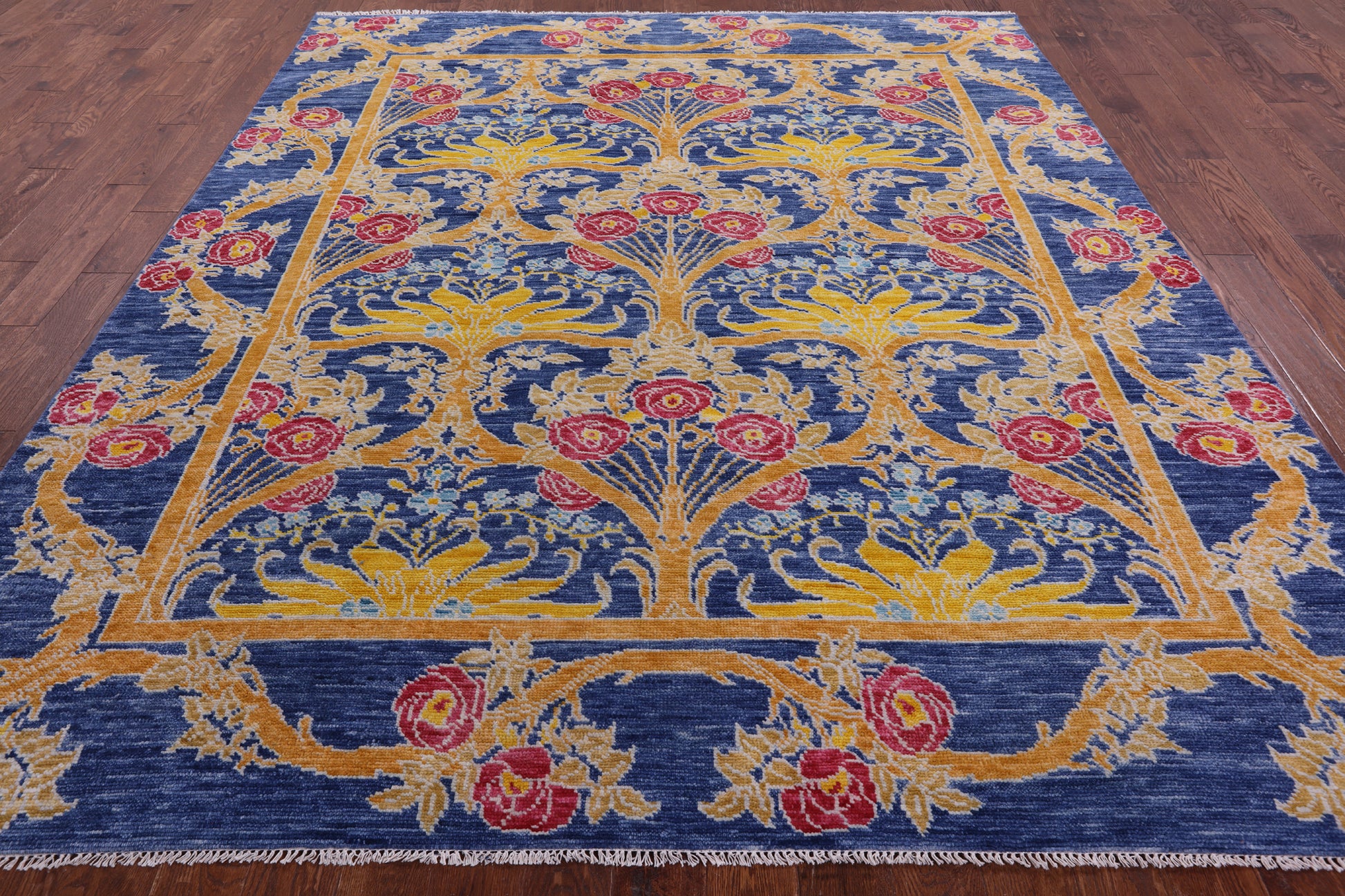 Blue William Morris Hand Knotted Wool Rug - 8' 7" X 10' 0" - Golden Nile