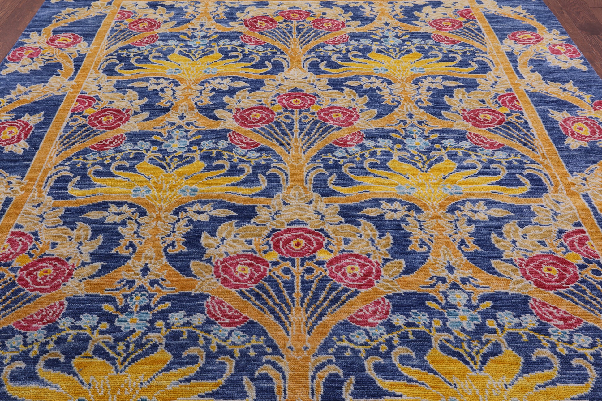 Blue William Morris Hand Knotted Wool Rug - 8' 7" X 10' 0" - Golden Nile
