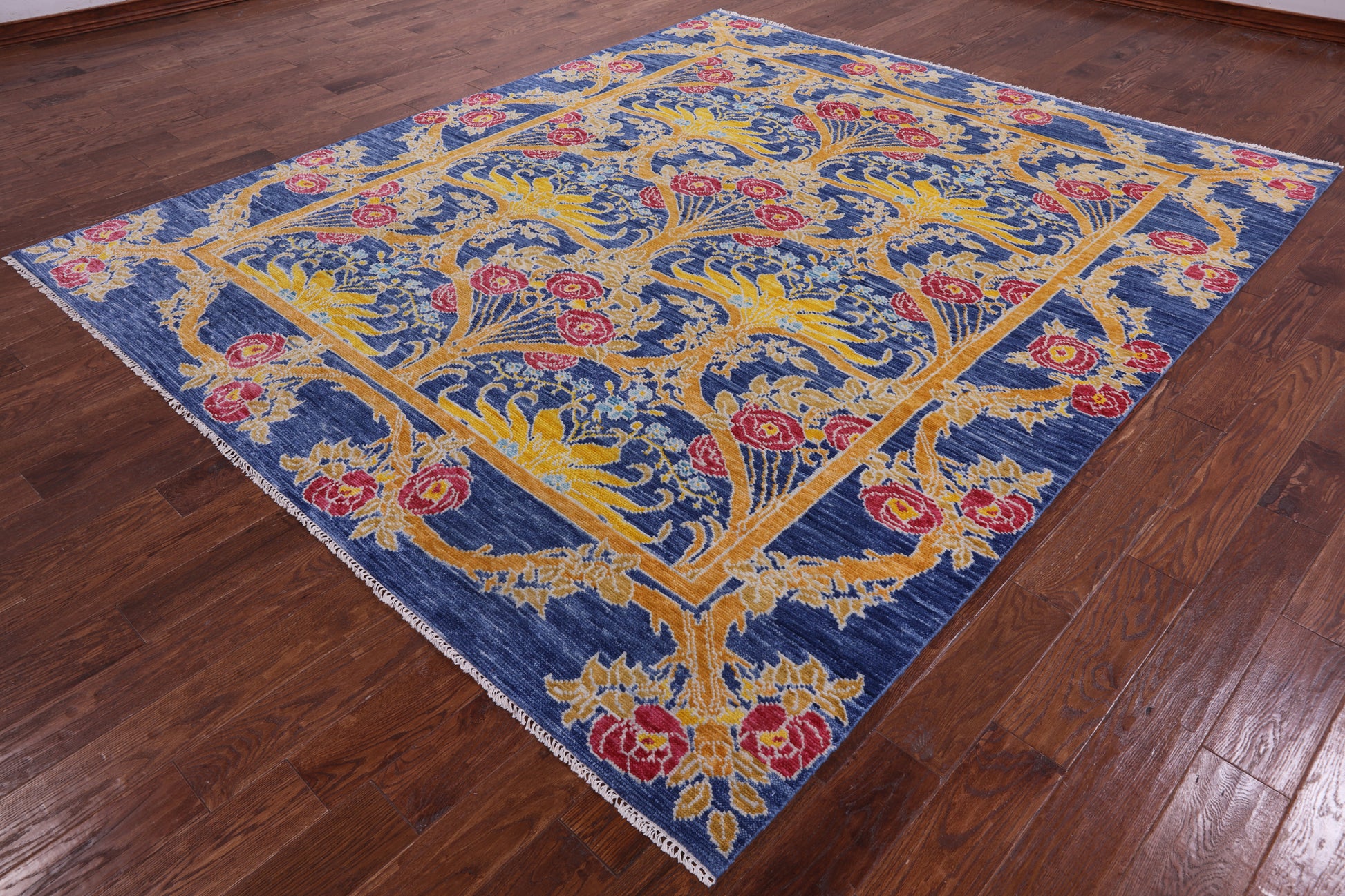 Blue William Morris Hand Knotted Wool Rug - 8' 7" X 10' 0" - Golden Nile