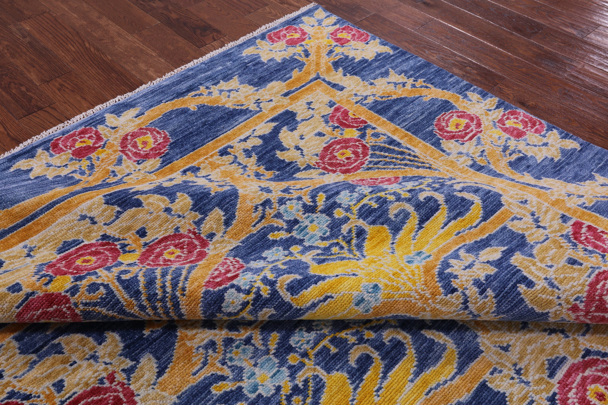 Blue William Morris Hand Knotted Wool Rug - 8' 7" X 10' 0" - Golden Nile