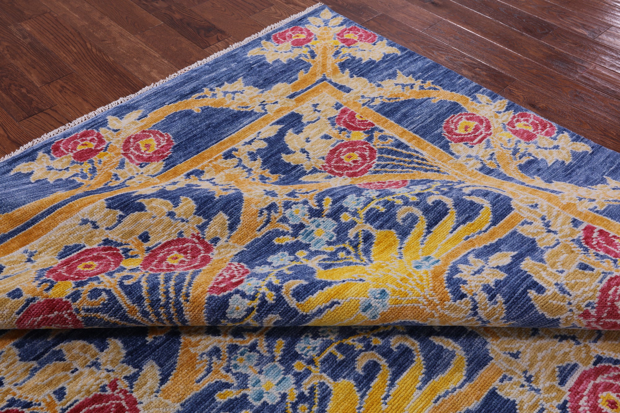 Blue William Morris Hand Knotted Wool Rug - 8' 7" X 10' 0" - Golden Nile