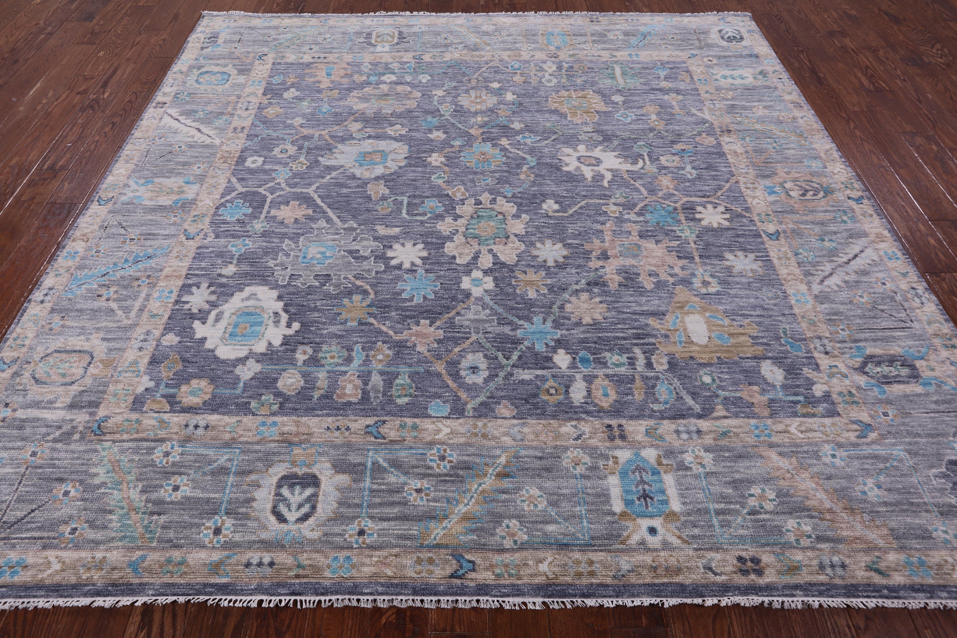Grey Square Turkish Oushak Hand Knotted Wool Rug - 8' 11" X 9' 1" - Golden Nile