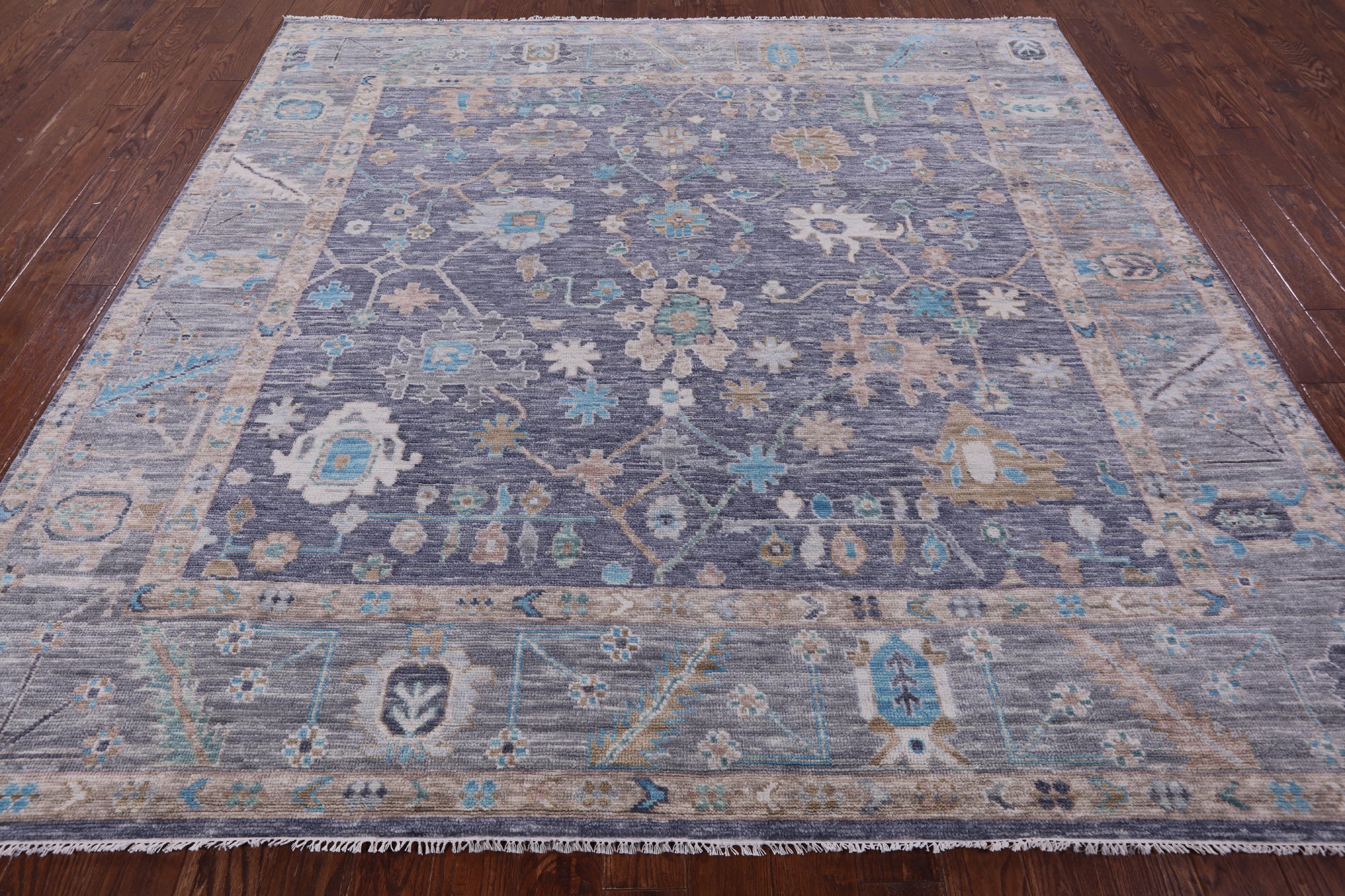 Grey Square Turkish Oushak Hand Knotted Wool Rug - 8' 11" X 9' 1" - Golden Nile