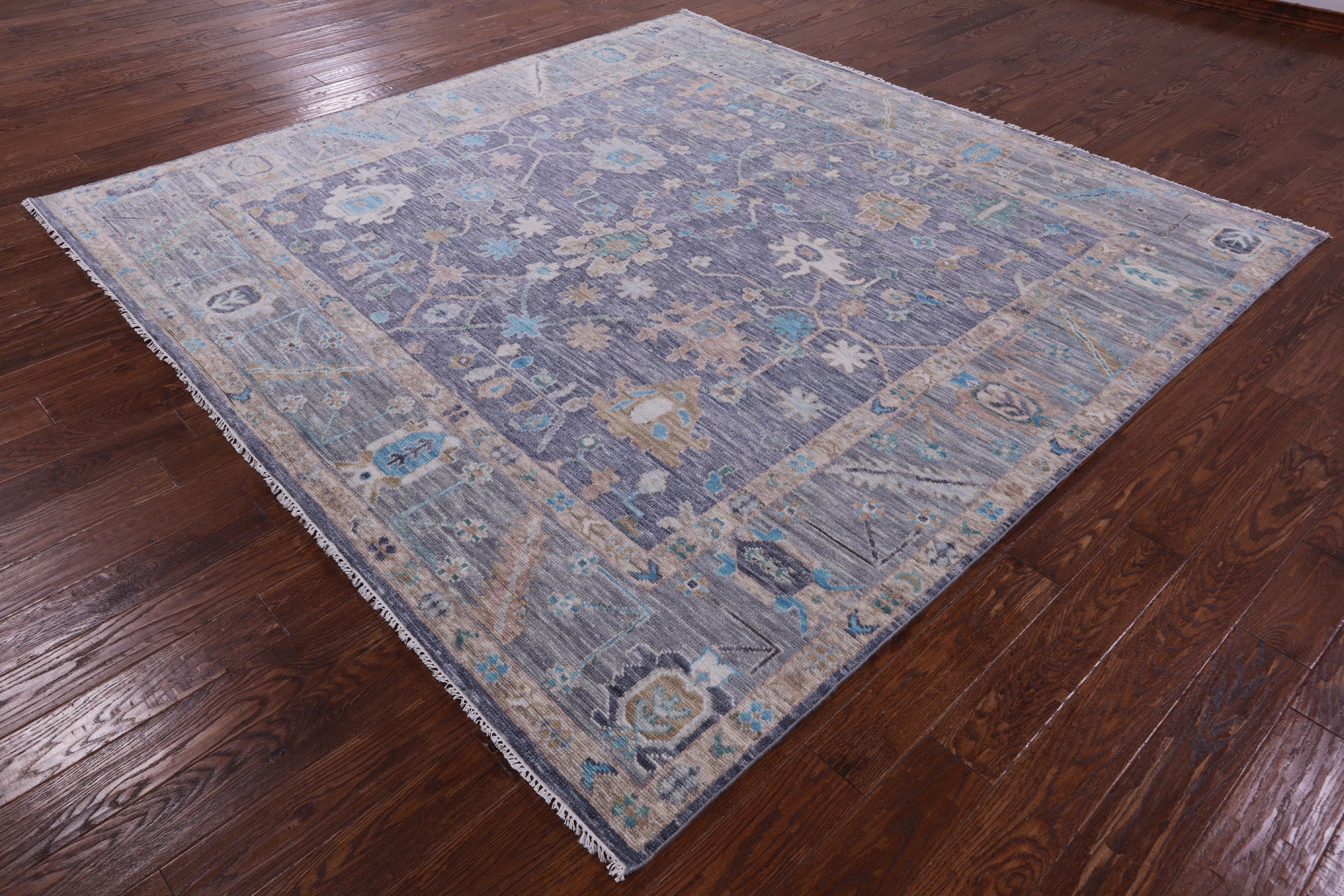 Grey Square Turkish Oushak Hand Knotted Wool Rug - 8' 11" X 9' 1" - Golden Nile