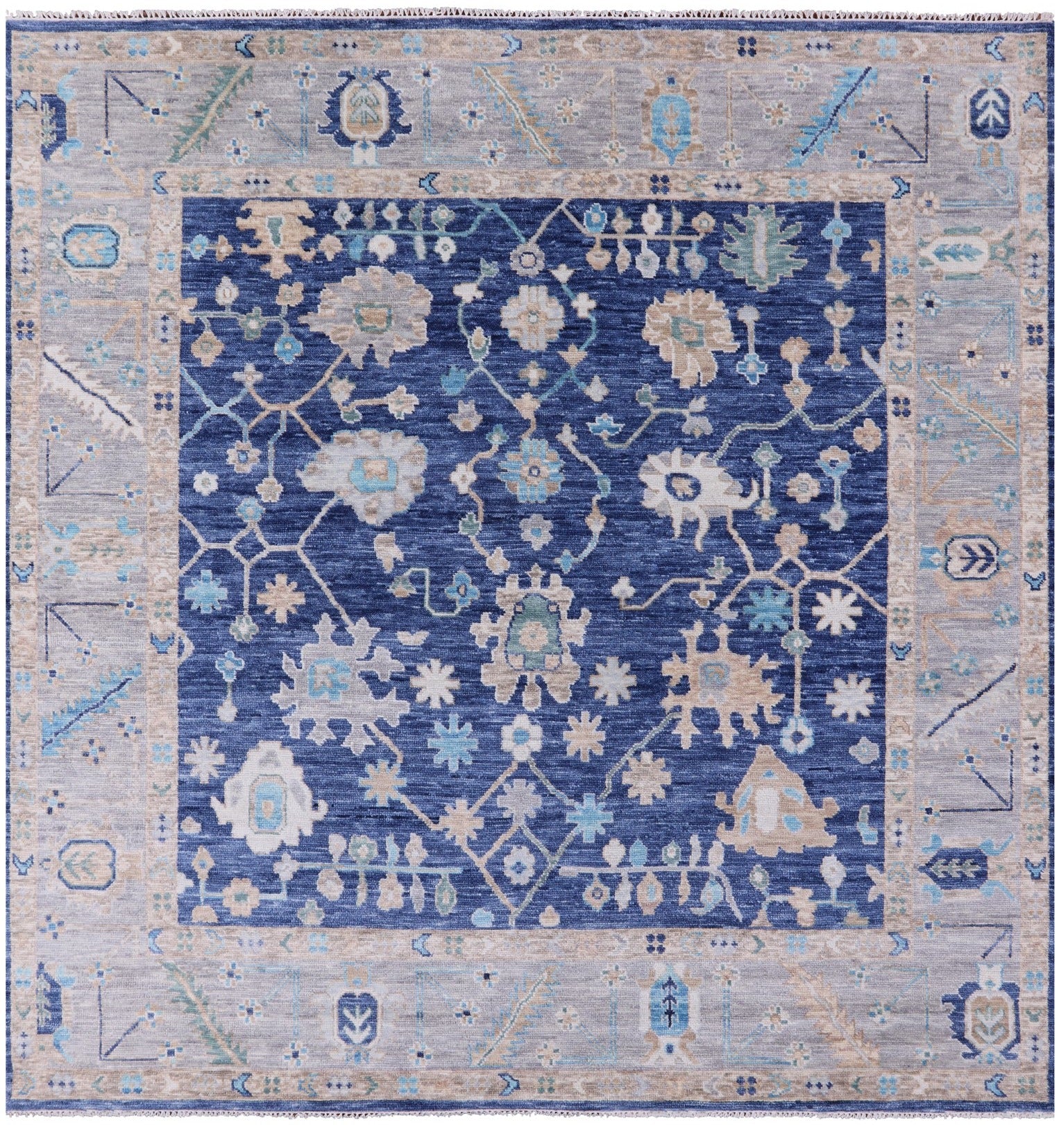 Blue Square Turkish Oushak Hand Knotted Wool Rug - 9' 1" X 9' 3" - Golden Nile