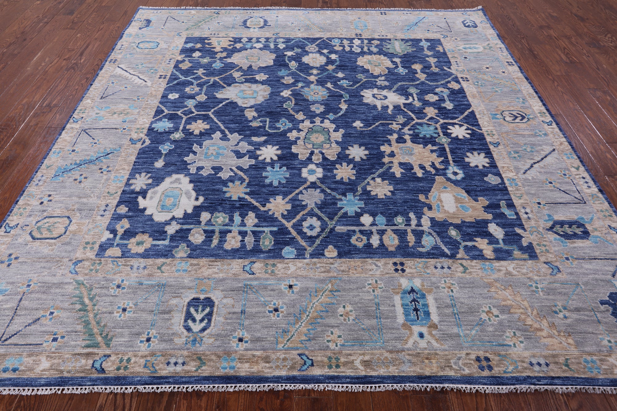 Blue Square Turkish Oushak Hand Knotted Wool Rug - 9' 1" X 9' 3" - Golden Nile
