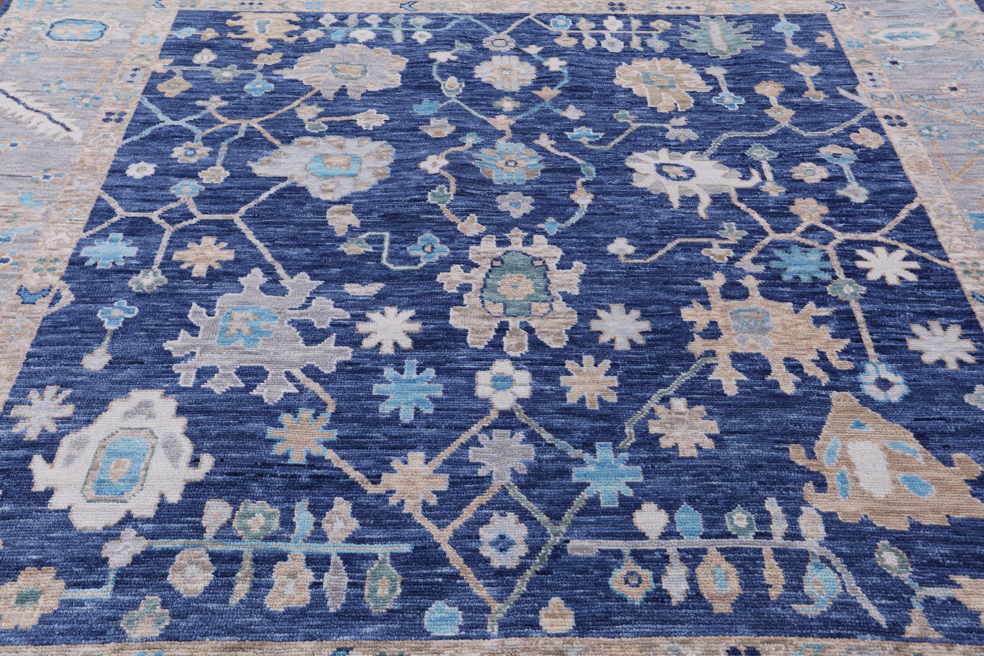 Blue Square Turkish Oushak Hand Knotted Wool Rug - 9' 1" X 9' 3" - Golden Nile