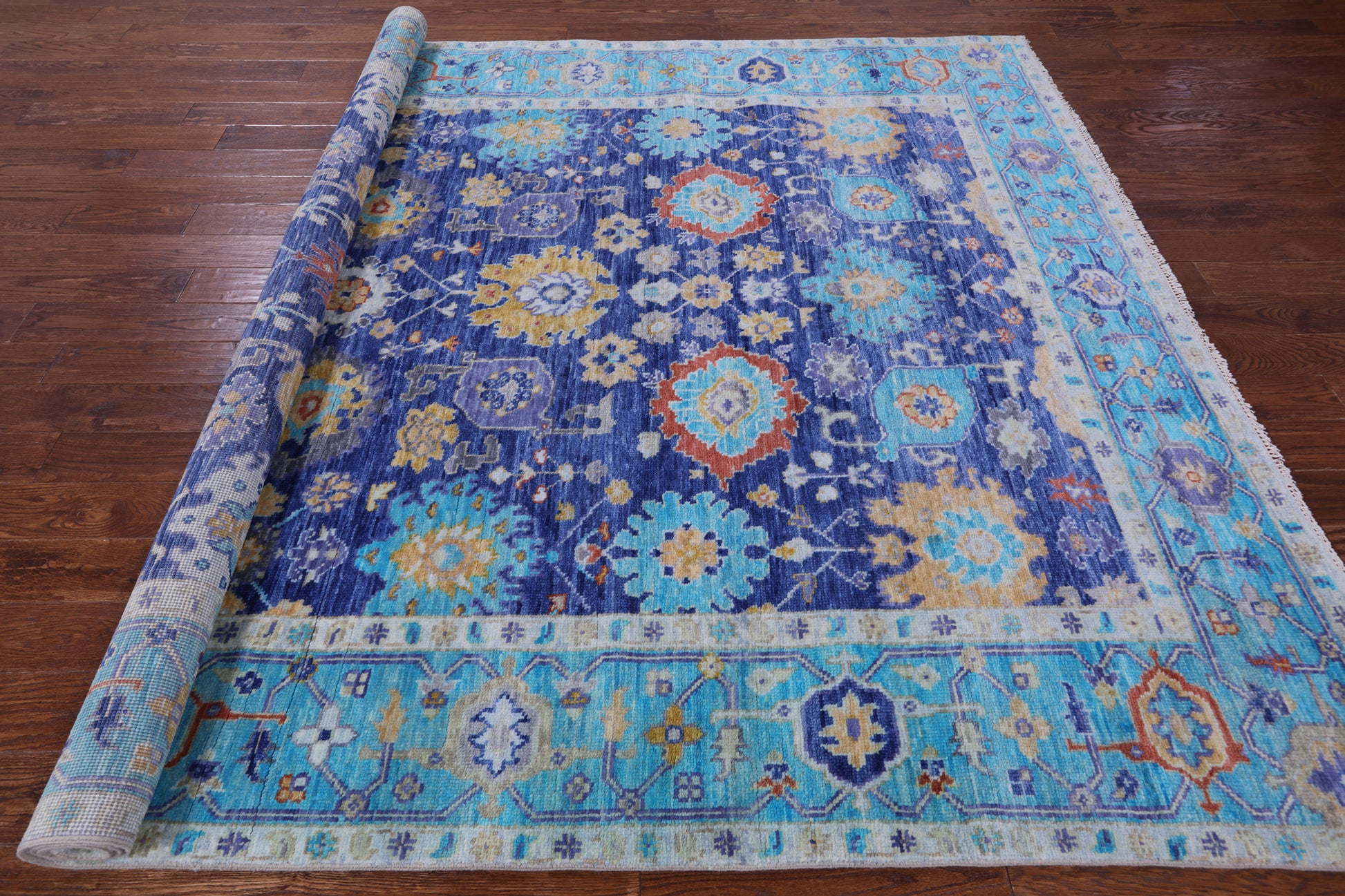 Blue Turkish Oushak Handmade Wool Rug - 8' 1" X 9' 10" - Golden Nile