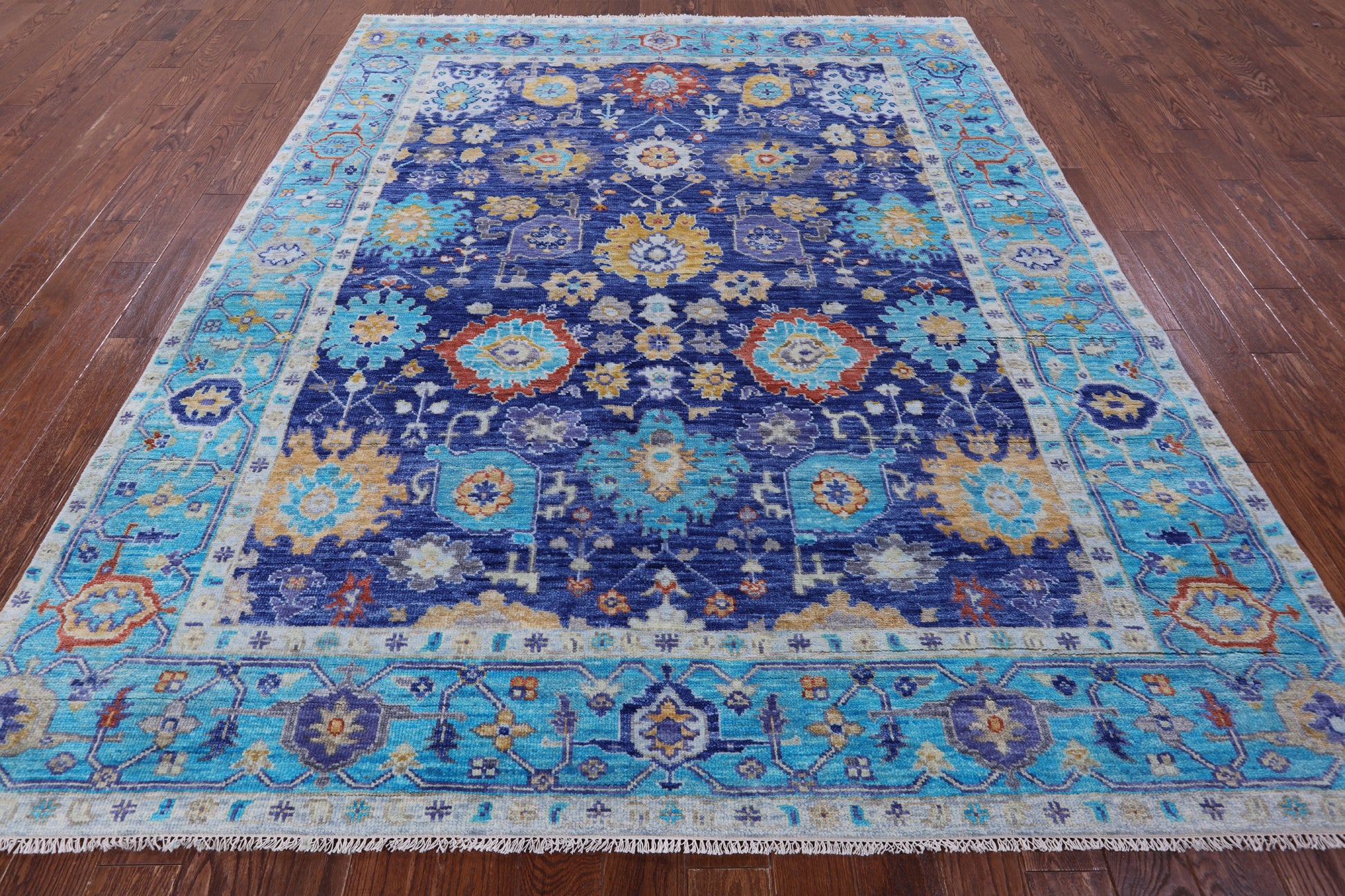 Blue Turkish Oushak Handmade Wool Rug - 8' 1" X 9' 10" - Golden Nile