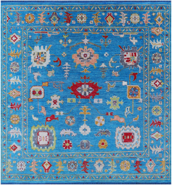 Blue Square Turkish Oushak Hand Knotted Wool Rug - 9' 0" X 9' 1" - Golden Nile