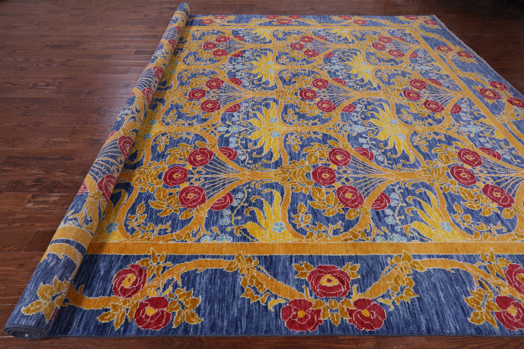 Blue William Morris Hand Knotted Wool Rug - 12' 1" X 15' 2" - Golden Nile