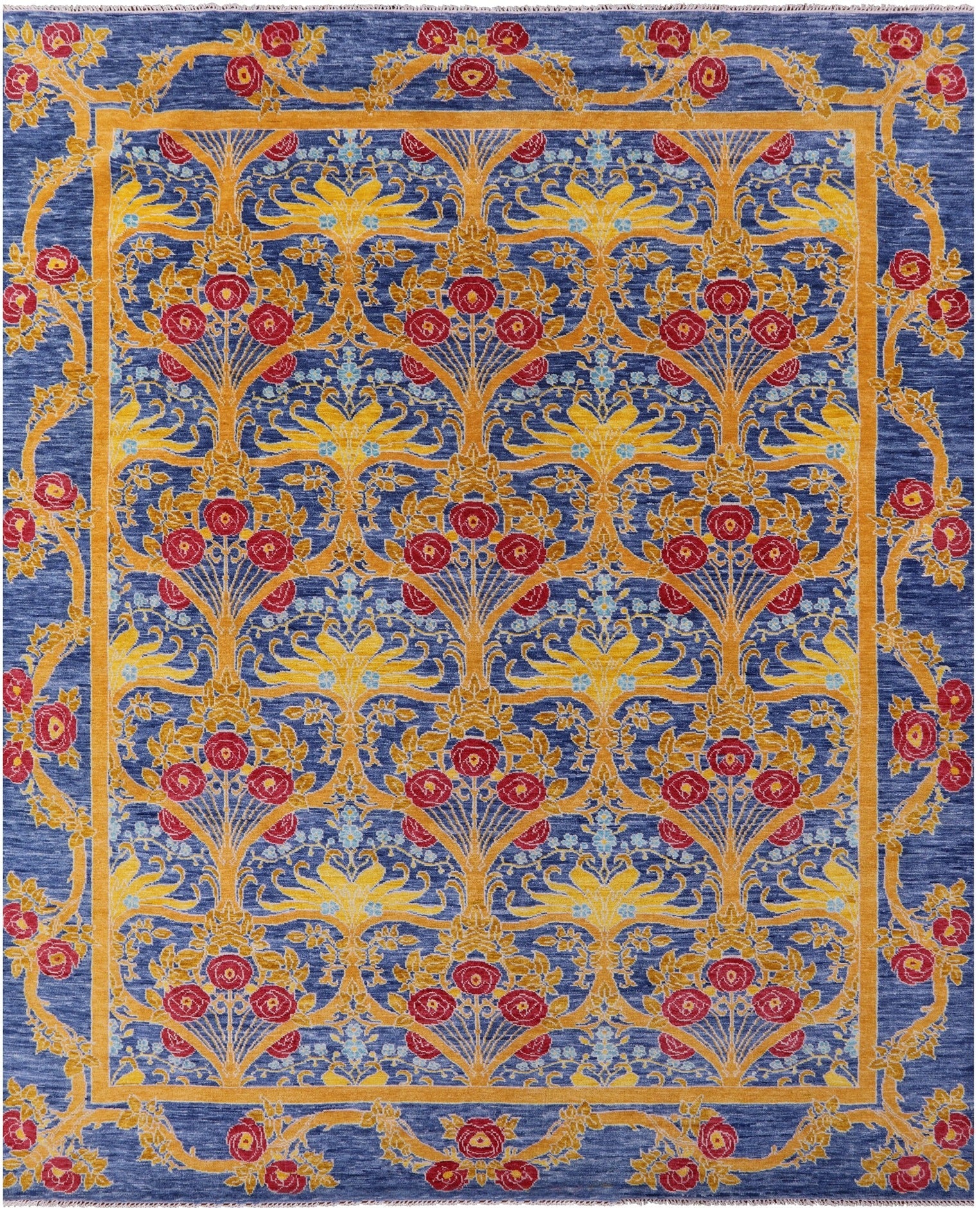 Blue William Morris Hand Knotted Wool Rug - 12' 1" X 15' 2" - Golden Nile