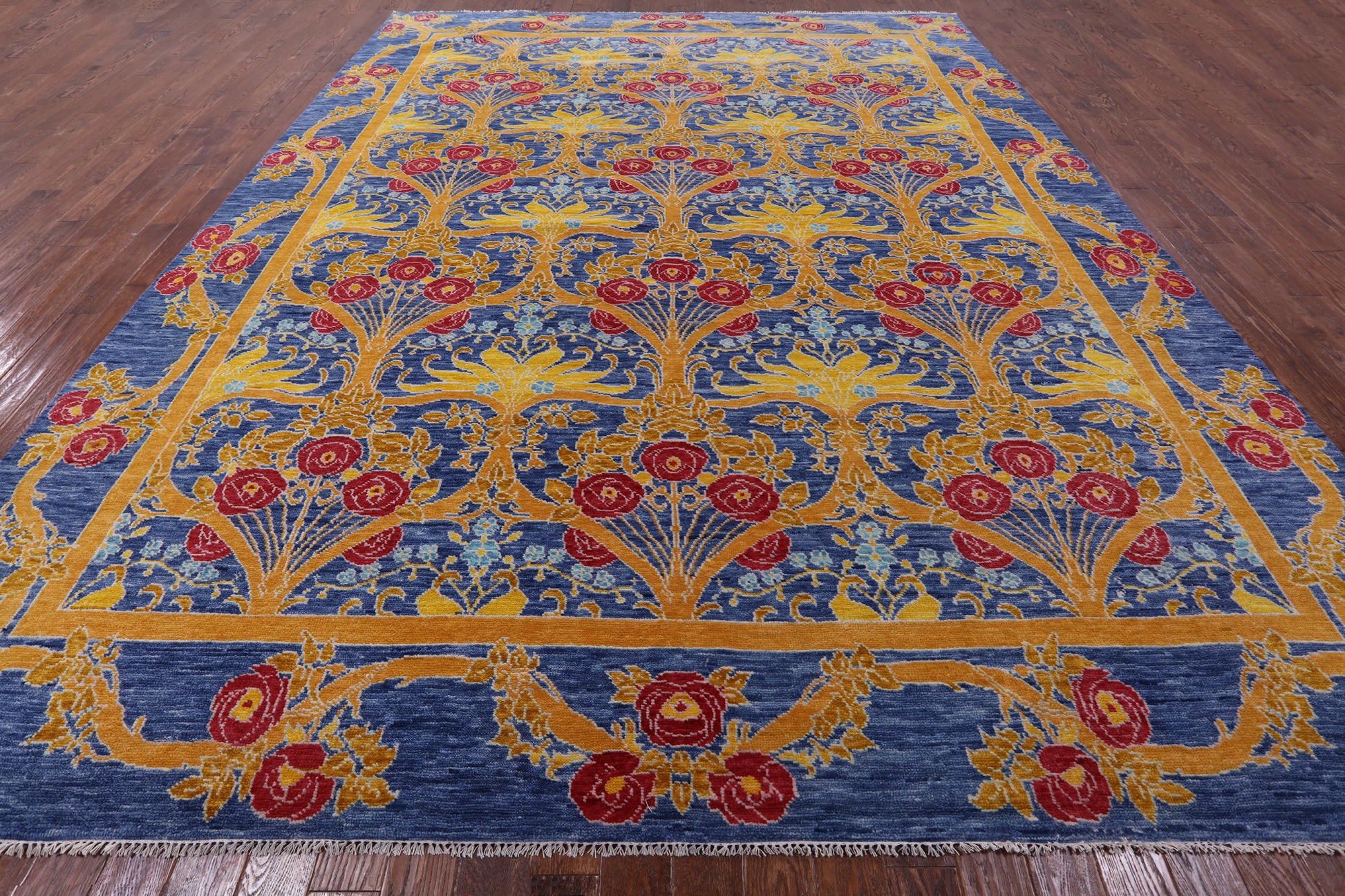 Blue William Morris Hand Knotted Wool Rug - 12' 1" X 15' 2" - Golden Nile