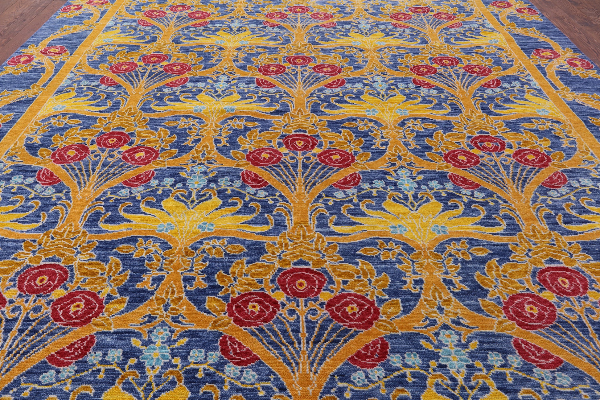Blue William Morris Hand Knotted Wool Rug - 12' 1" X 15' 2" - Golden Nile