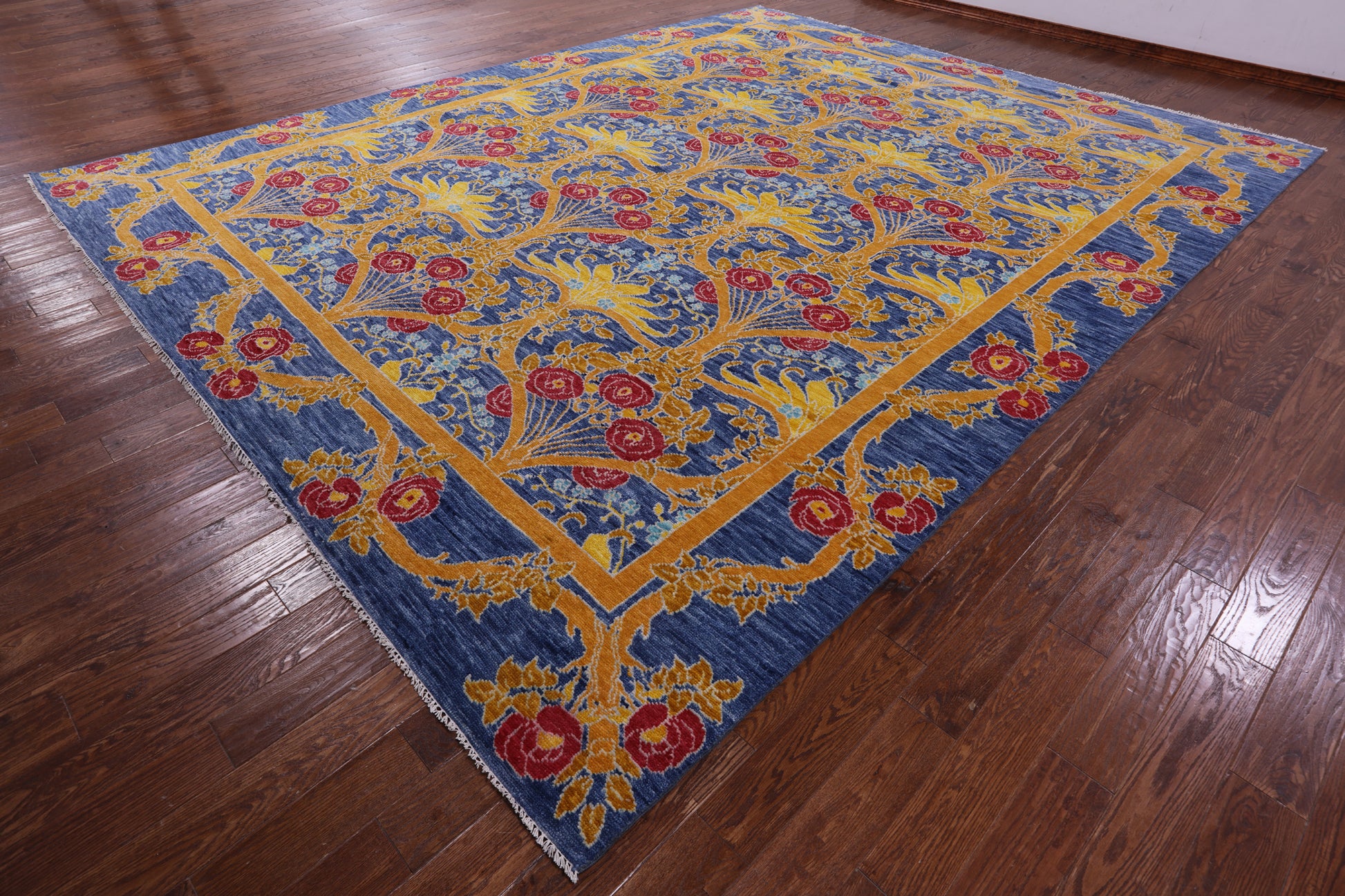 Blue William Morris Hand Knotted Wool Rug - 12' 1" X 15' 2" - Golden Nile