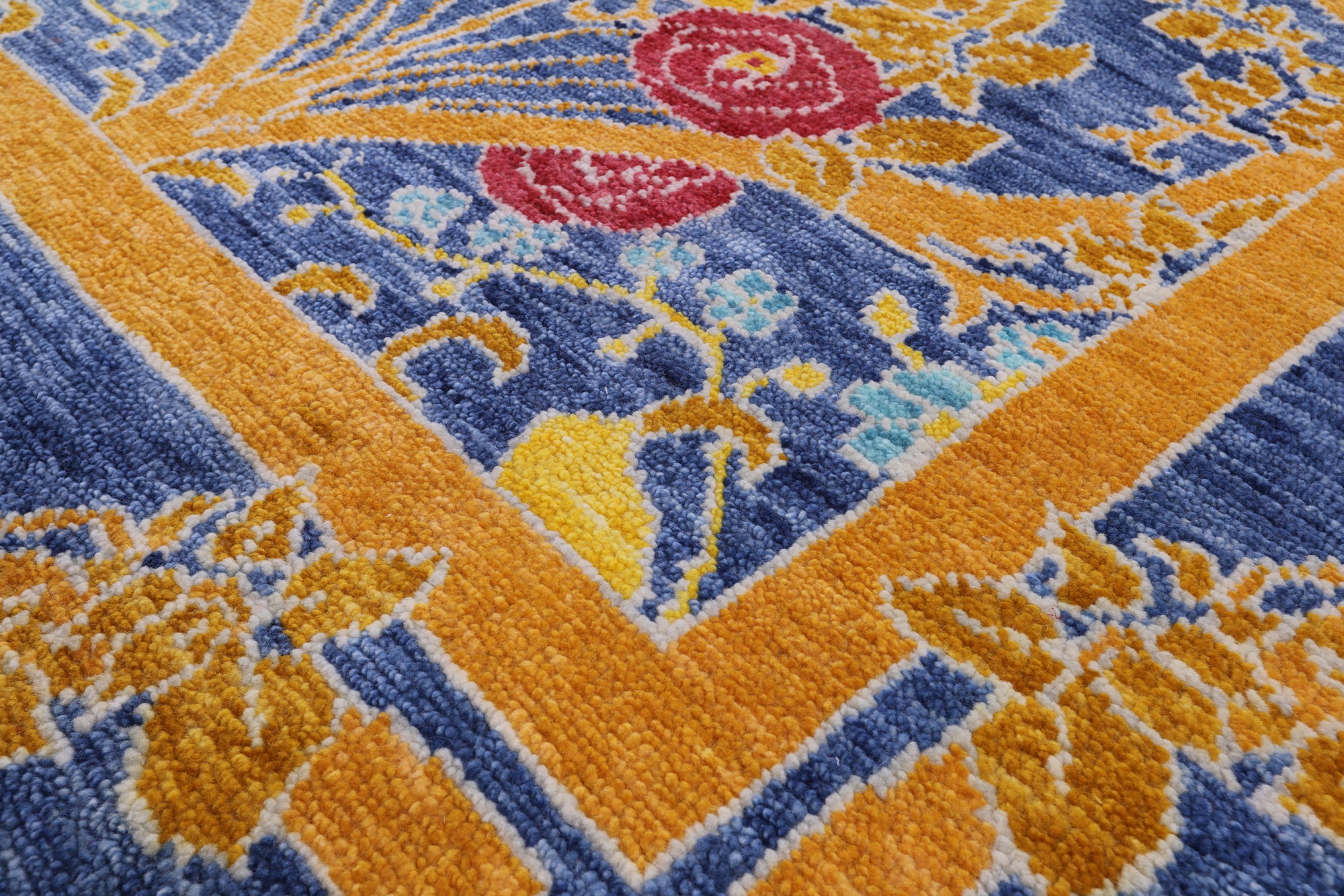 Blue William Morris Hand Knotted Wool Rug - 12' 1" X 15' 2" - Golden Nile