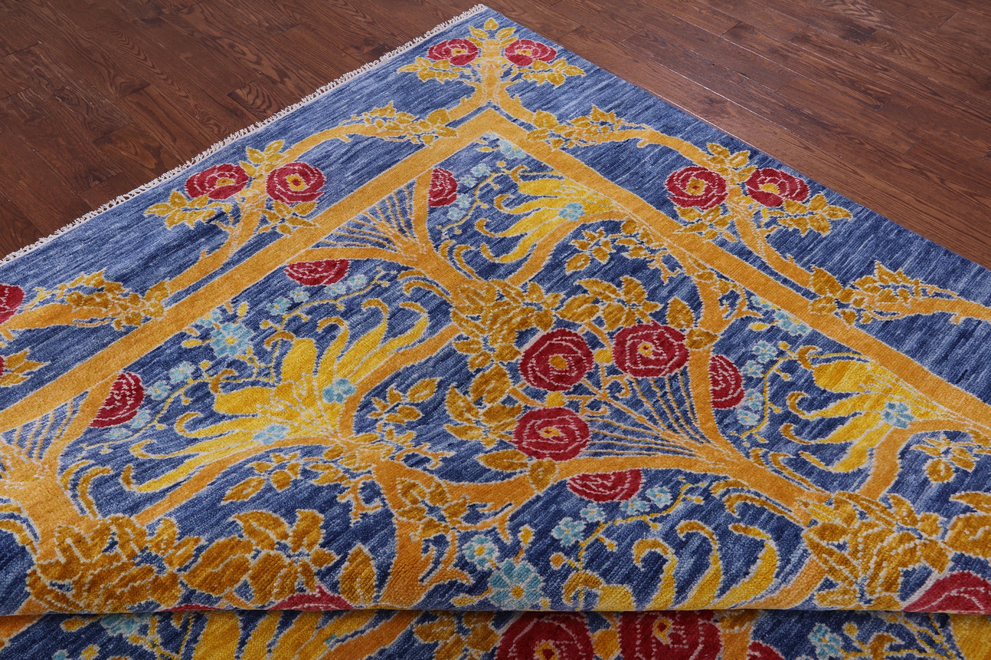 Blue William Morris Hand Knotted Wool Rug - 12' 1" X 15' 2" - Golden Nile