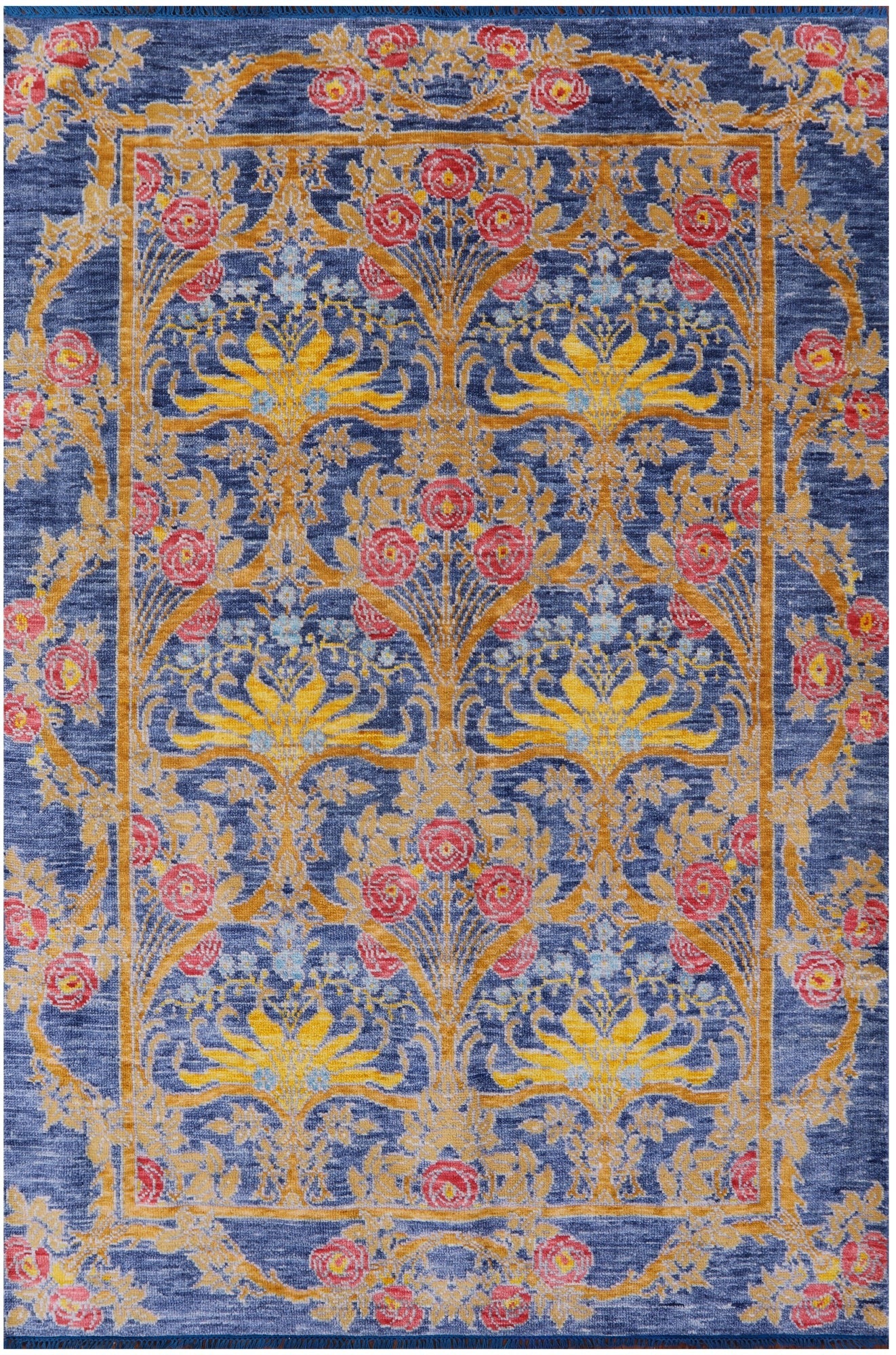 Blue William Morris Hand Knotted Wool Rug - 6' 3" X 9' 4" - Golden Nile